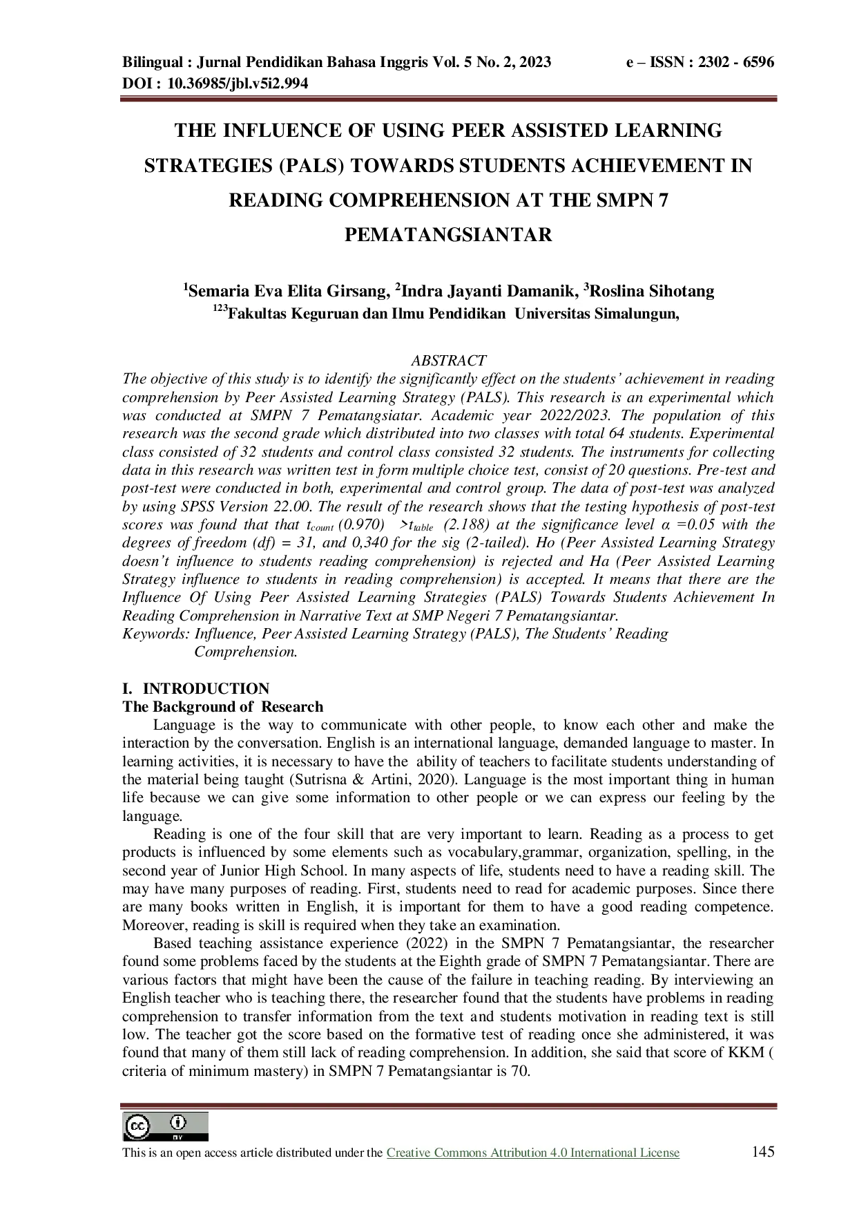 JURIS The Influence Of Using Peer Assisted Learning Strategies Pals Towards Students Achievement In Reading Comprehension At The SMPN 7 Pematangsiantar