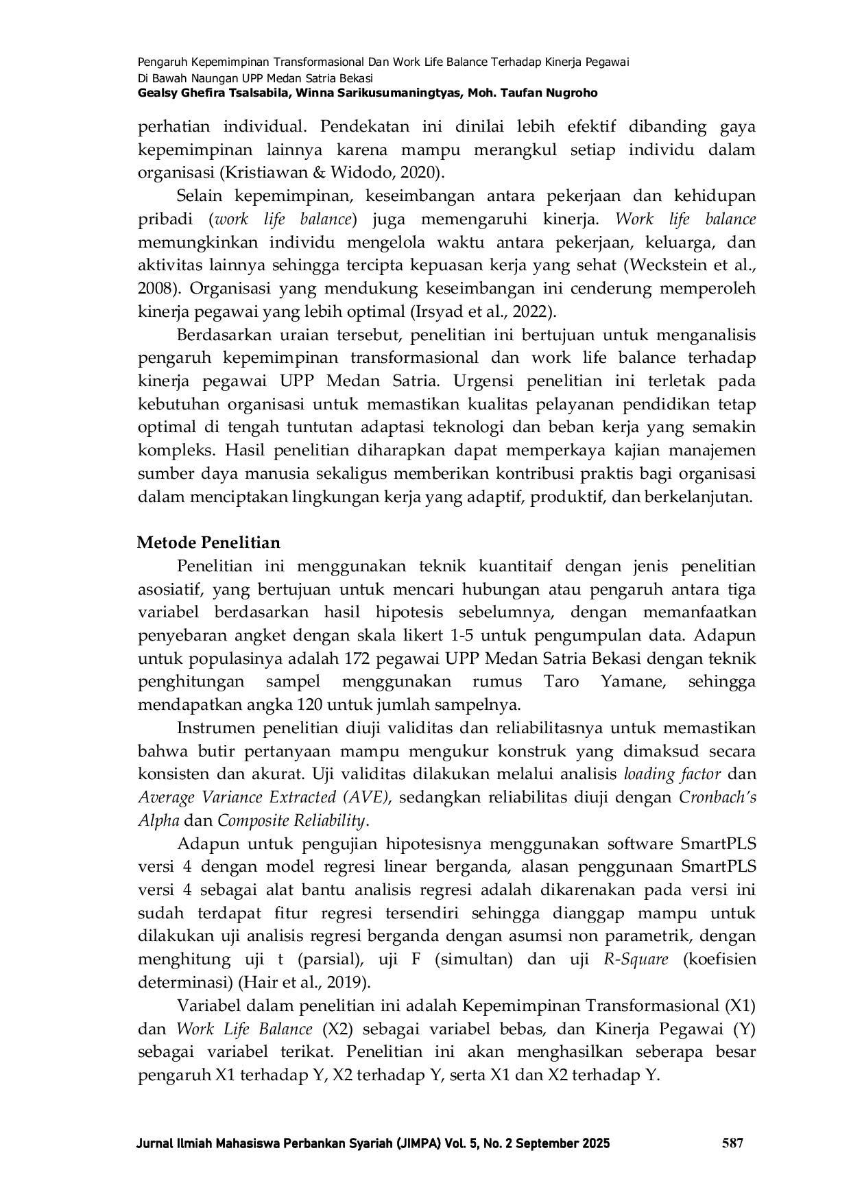 JURIS Pengaruh Kepemimpinan Transformasional Dan Work Life Balance Terhadap Kinerja Pegawai Di Bawah Naungan UPP Medan Satria Bekasi