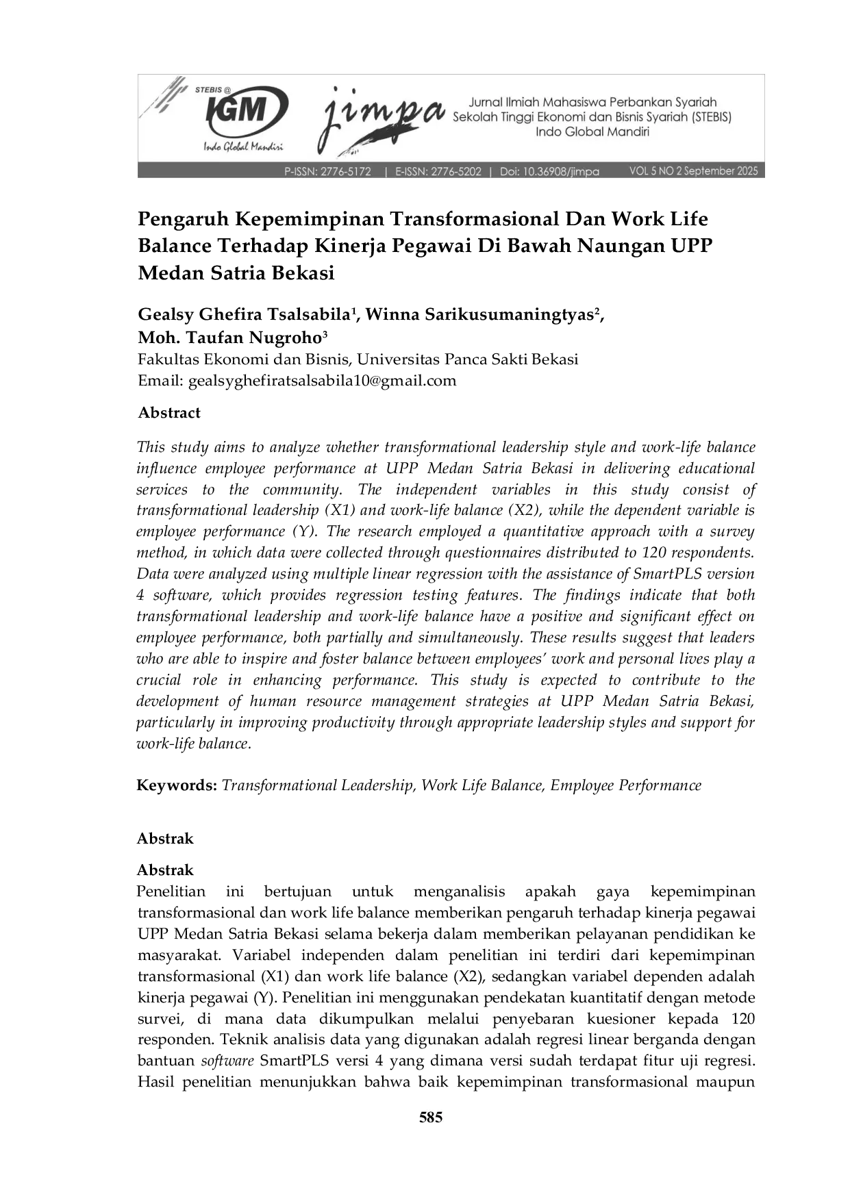 JURIS Pengaruh Kepemimpinan Transformasional Dan Work Life Balance Terhadap Kinerja Pegawai Di Bawah Naungan UPP Medan Satria Bekasi