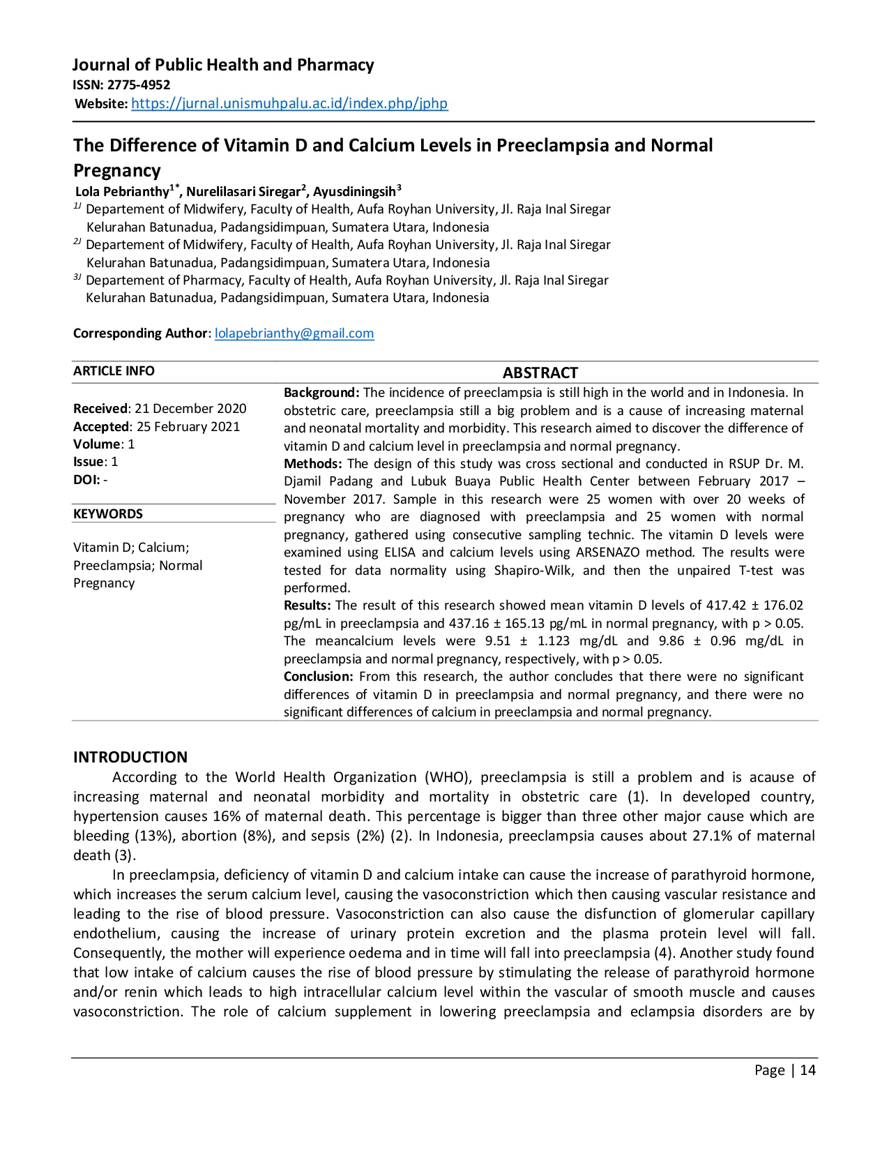 juris The Difference Of Vitamin D And Calcium Levels In Preeclampsia And Normal Pregnancy