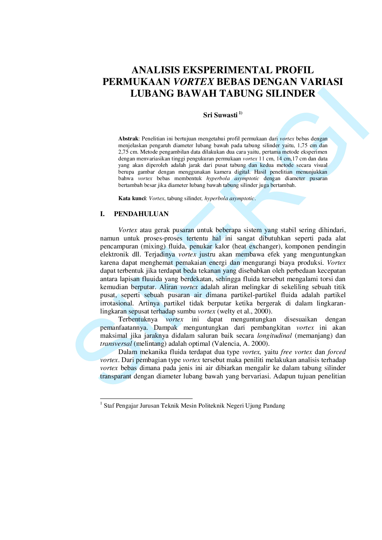 JURIS Analisis Eksperimental Profil Vortex Bebas Dengan Variasi Lubang Bawah Tabung Silinder
