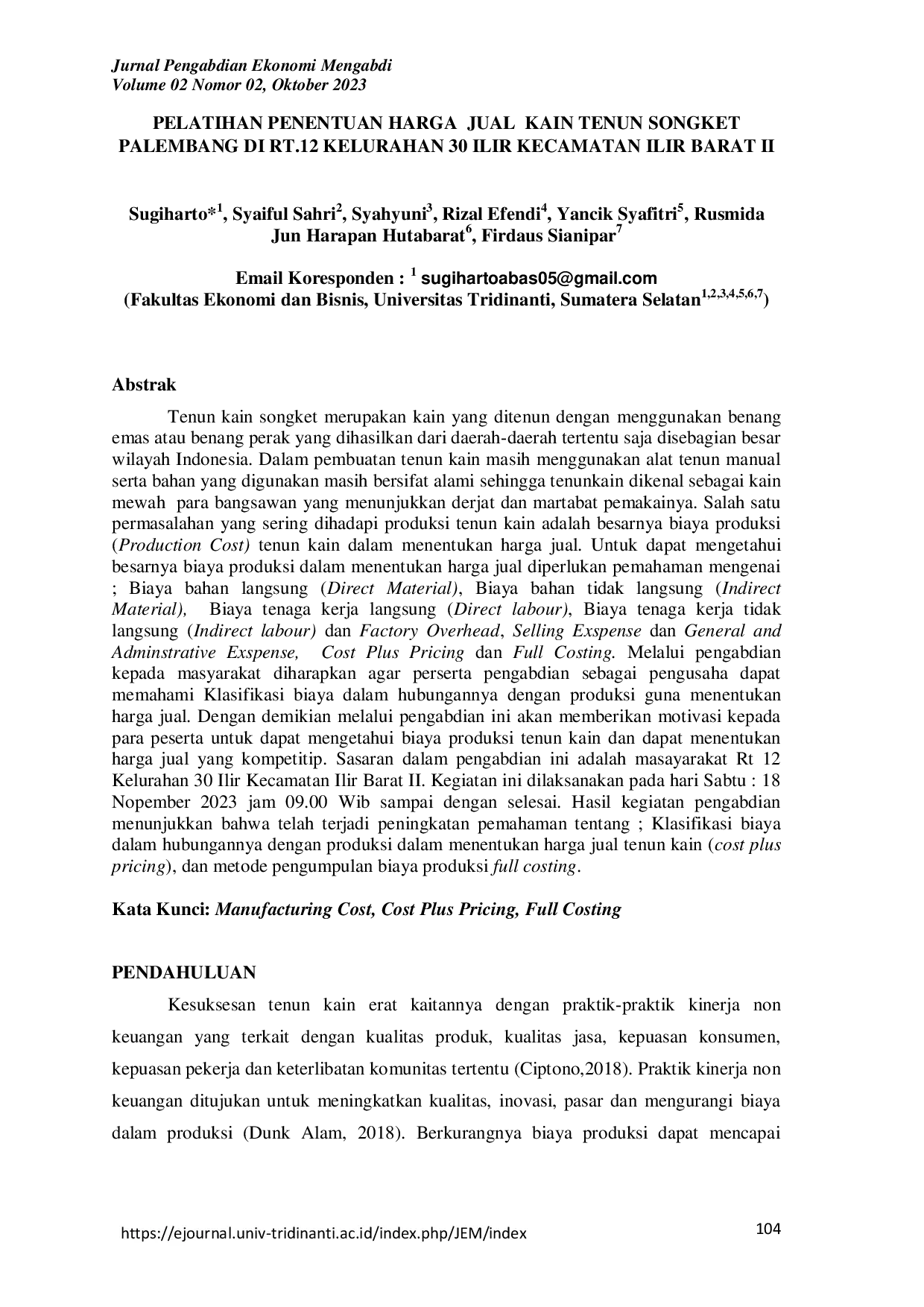 JURIS Pelatihan Penentuan Harga Jual Kain Tenun Songket Palembang di RT 12 Kelurahan 30 Ilir Kecamatan Ilir Barat II