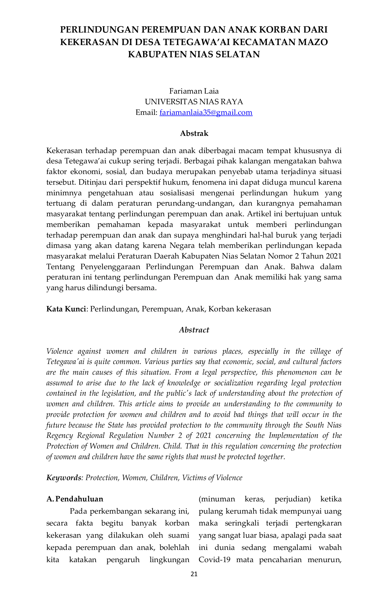JURIS Perlindungan Perempuan dan Anak Korban Kekerasan di Desa Tetegawa ai Kecamatan Mazo Kabupaten Nias Selatan