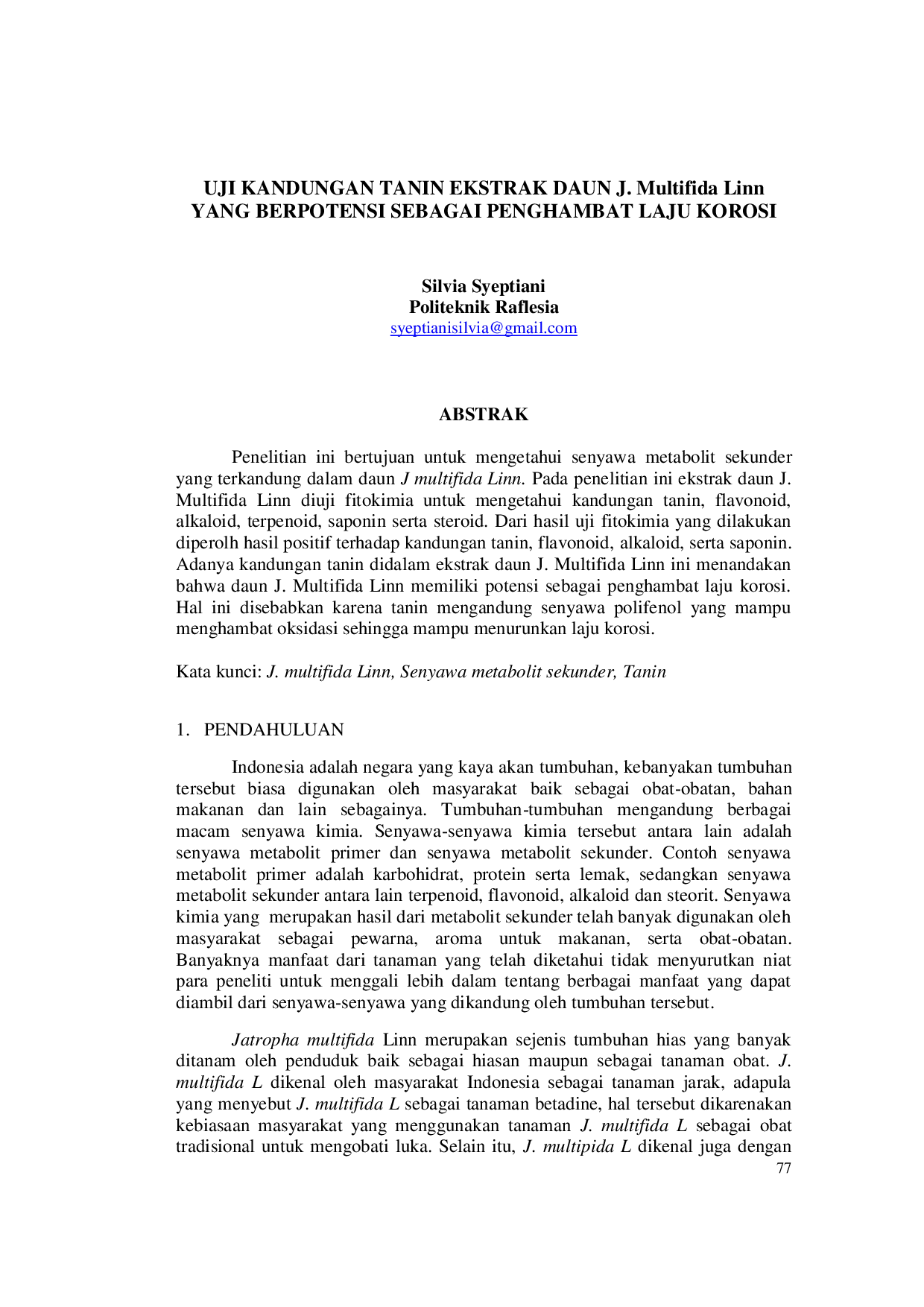 JURIS UJI KANDUNGAN TANIN EKSTRAK DAUN J Multifida Linn YANG BERPOTENSI SEBAGAI PENGHAMBAT LAJU KOROSI