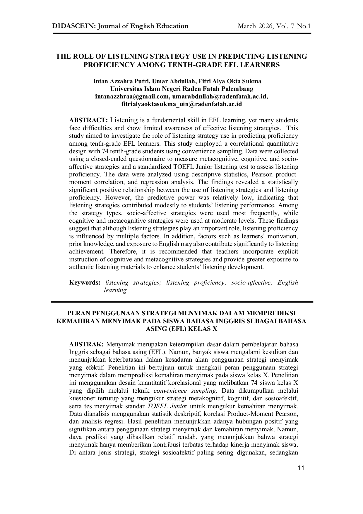 JURIS The Role of Listening Strategy Use in Predicting Listening Proficiency among Tenth Grade EFL Learners