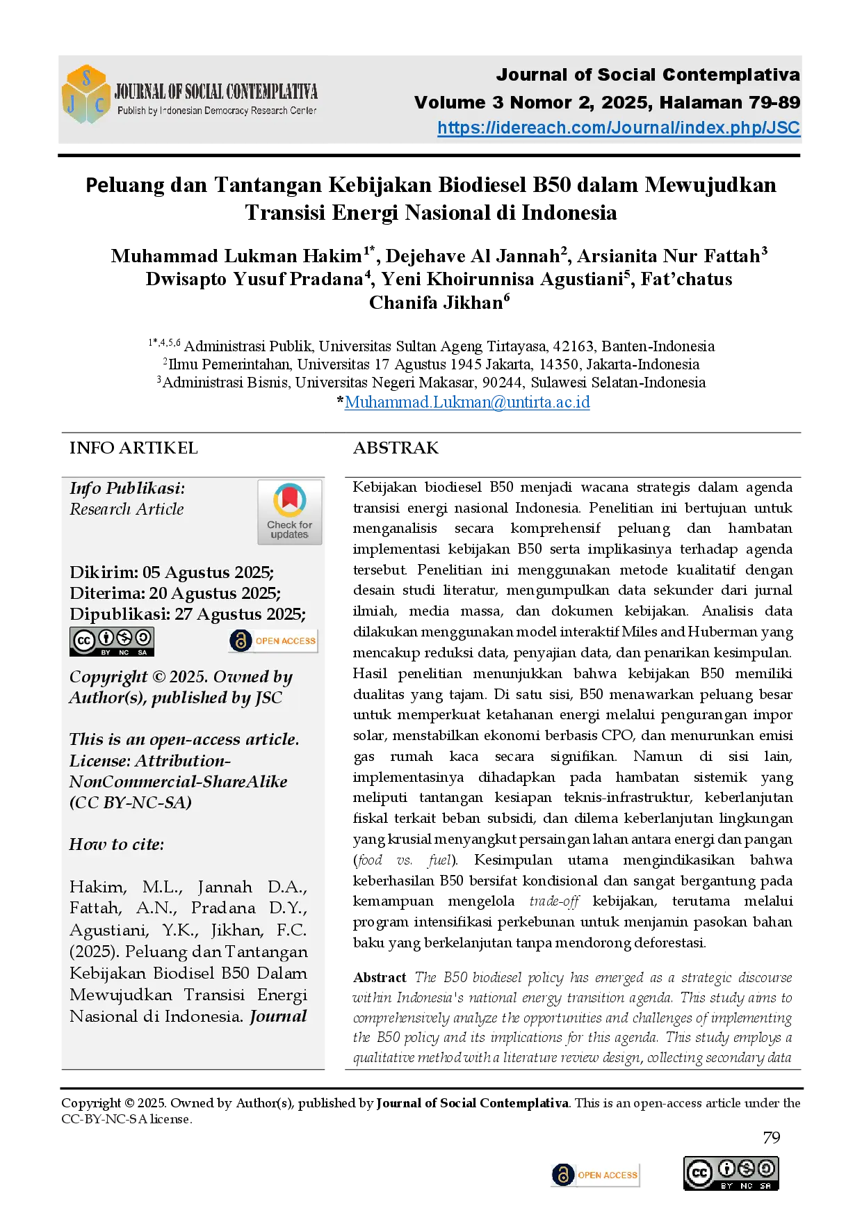 juris Peluang dan Hambatan Kebijakan Biodiesel B50 dalam Mewujudkan Transisi Energi Nasional di Indonesia