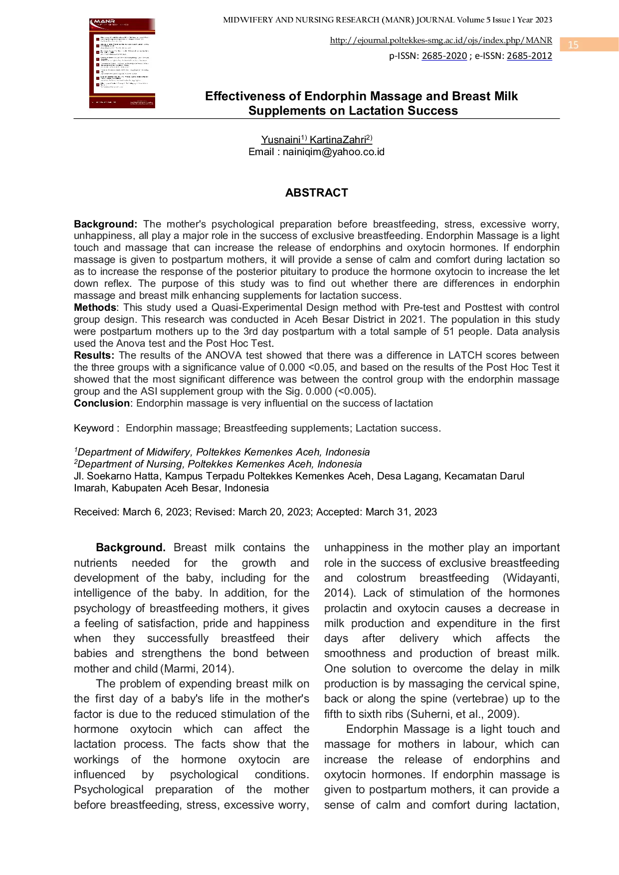 JURIS Effectiveness of Endorphin Massage and Breast Milk Supplements on Lactation Success in Aceh Besar