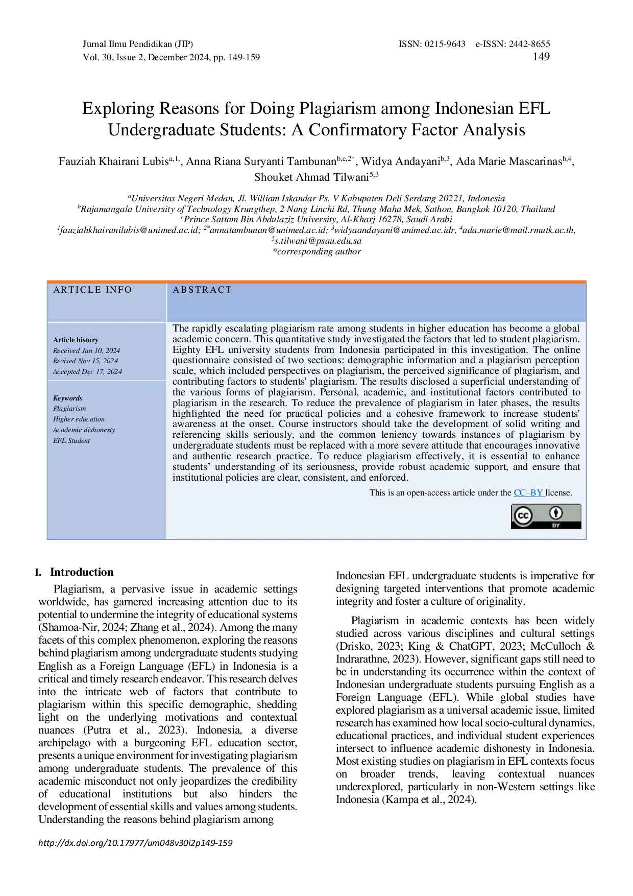 JURIS Exploring Reasons for Doing Plagiarism among Indonesian EFL Undergraduate Students A Confirmatory Factor Analysis