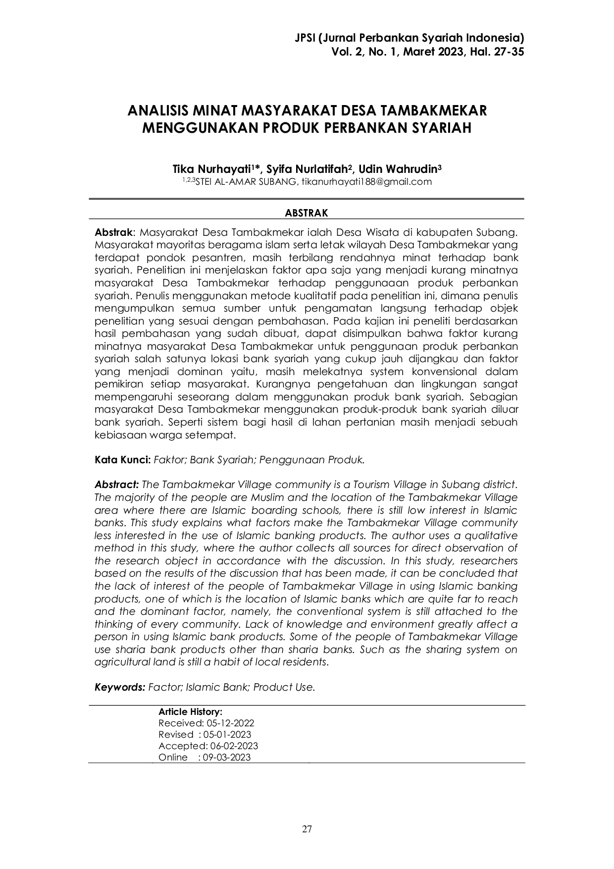 JURIS Analisis Minat Masyarakat Desa Tambakmekar Menggunakan Produk Perbankan Syariah