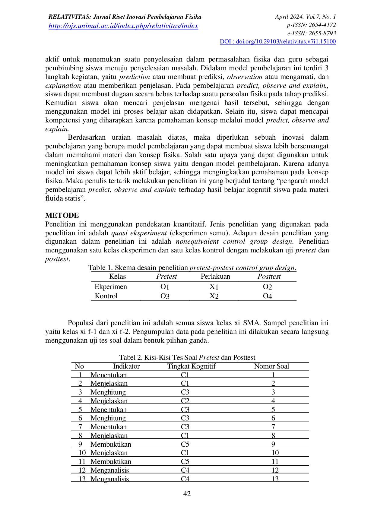 JURIS Pengaruh Model Pembelajaran Predict Observe and Explain Terhadap Hasil Belajar Kognitif Siswa Pada Materi Fluida Statis