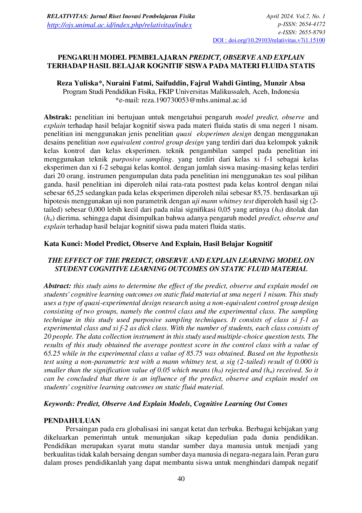 JURIS Pengaruh Model Pembelajaran Predict Observe and Explain Terhadap Hasil Belajar Kognitif Siswa Pada Materi Fluida Statis