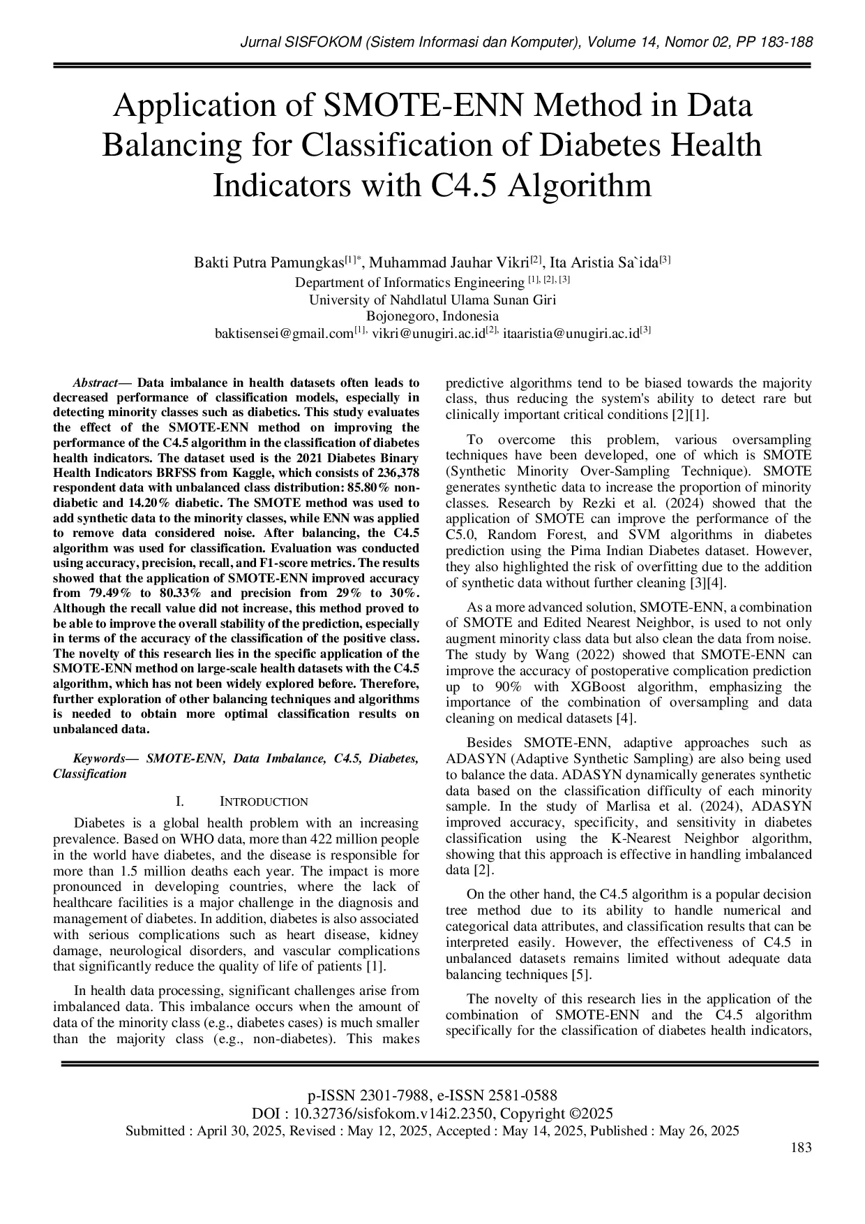 JURIS Application of SMOTE ENN Method in Data Balancing for Classification of Diabetes Health Indicators with C4 5 Algorithm