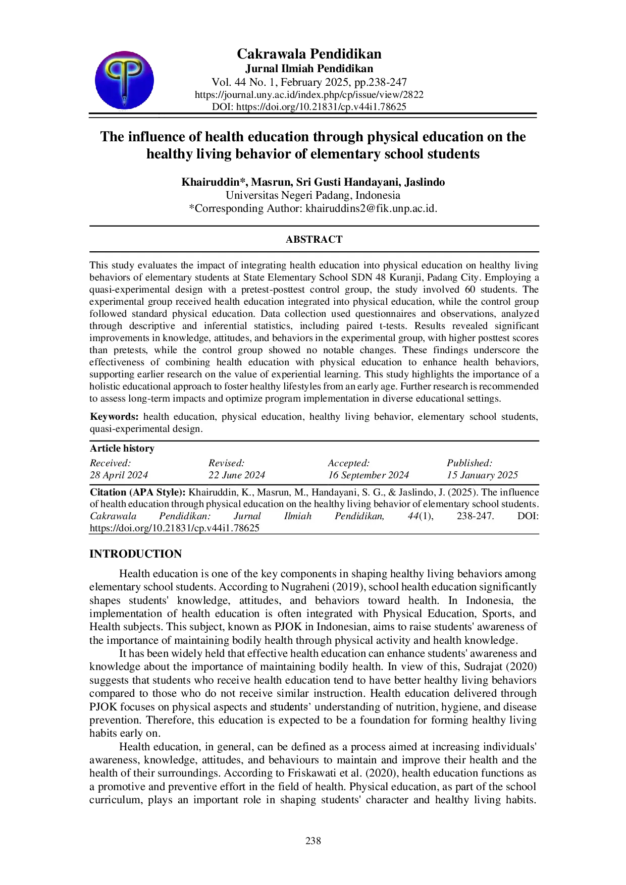 juris The influence of health education through physical education on the healthy living behavior of elementary school students