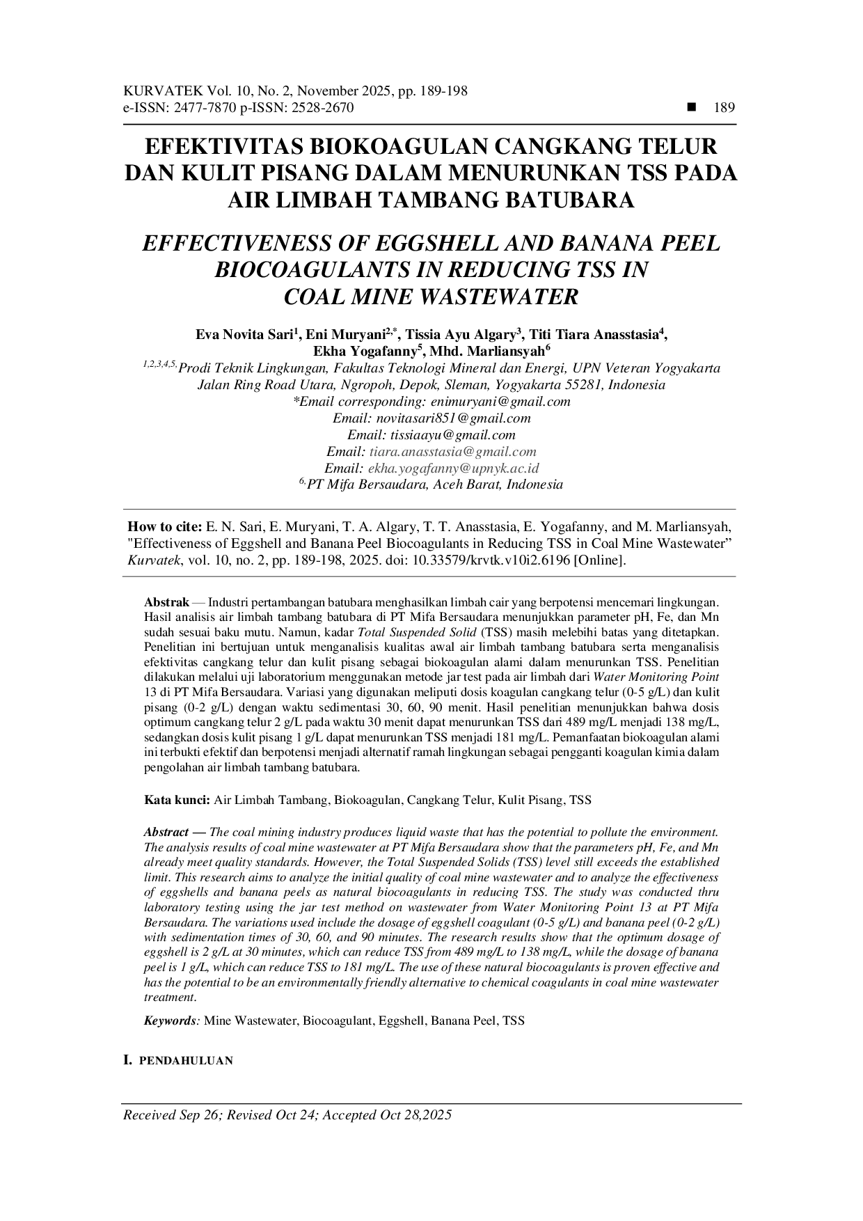 JURIS EFEKTIVITAS BIOKOAGULAN CANGKANG TELUR DAN KULIT PISANG DALAM MENURUNKAN TSS PADA AIR LIMBAH TAMBANG BATUBARA
