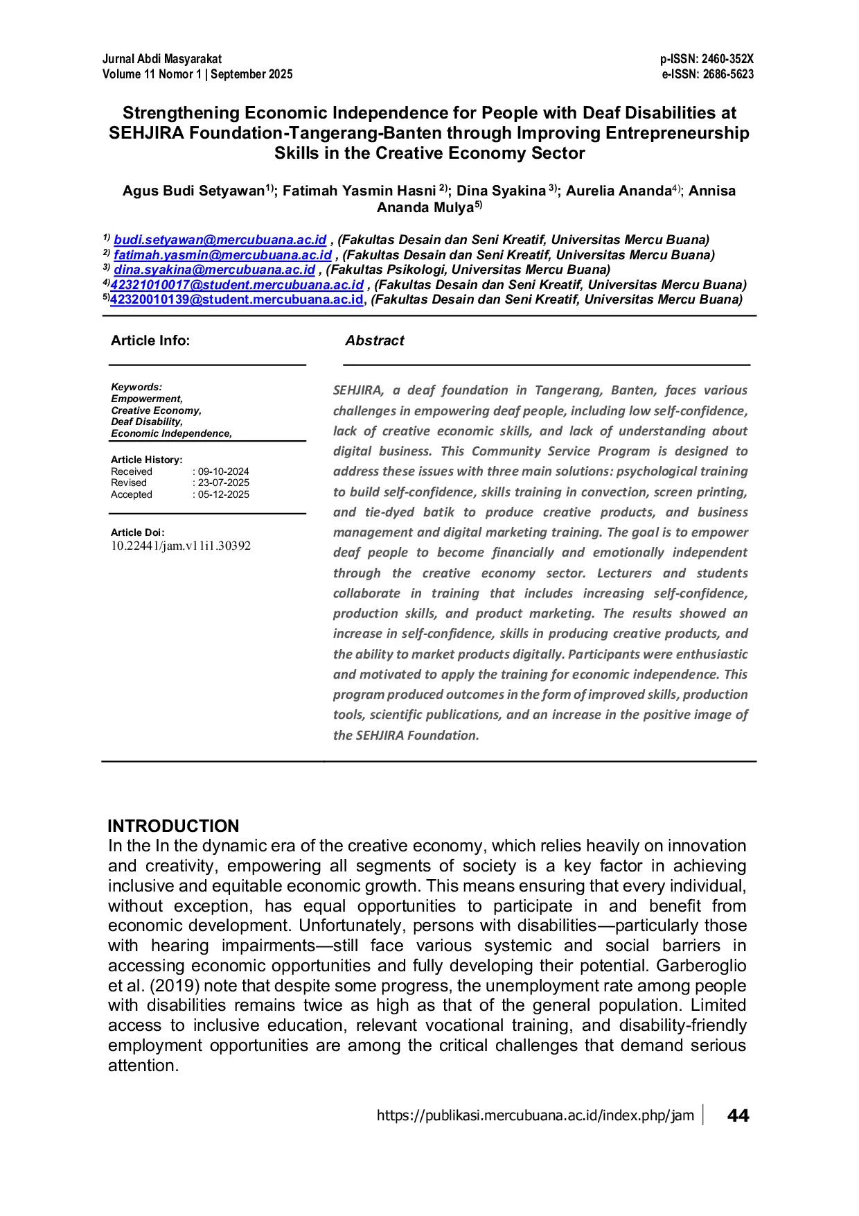 JURIS Strengthening Economic Independence for People with Deaf Disabilities at SEHJIRA Foundation Tangerang Banten through Improving Entrepreneurship Skills in the Creative Economy Sector