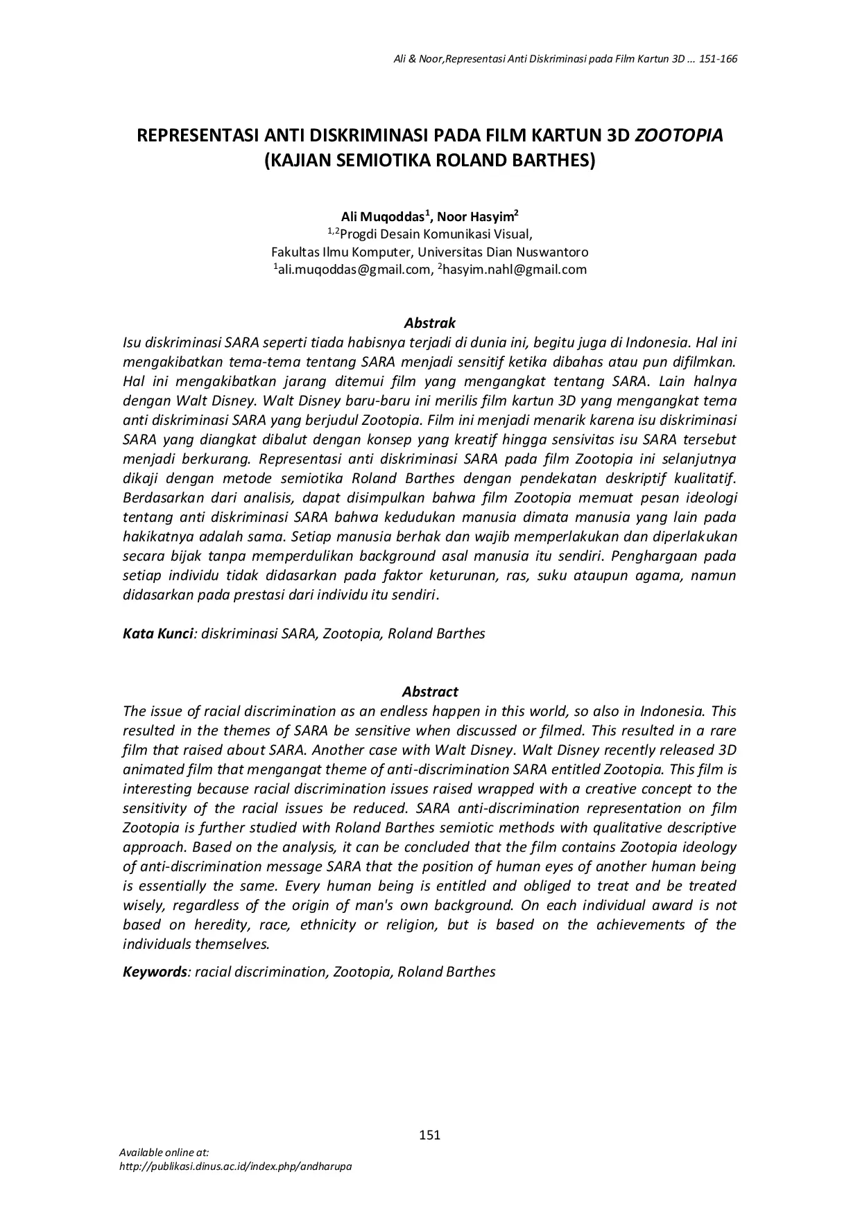 JURIS Representasi Anti Diskriminasi pada Film Kartun 3D Zootopia Kajian Semiotika Roland Barthes