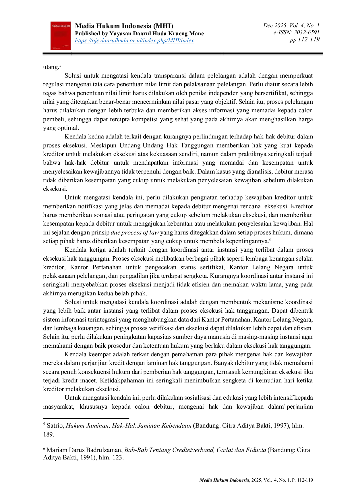 JURIS Analisis Kasus Eksekusi Jaminan Hak Tanggungan Dalam Perkara Kredit Macet Dengan Menimbang Pada Undang Undang Nomor 4 Tahun 1996 Tentang Hak Tanggungan