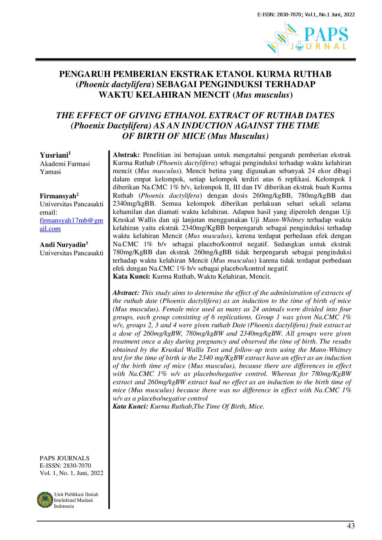juris PENGARUH PEMBERIAN EKSTRAK ETANOL KURMA RUTHAB Phoenix dactylifera SEBAGAI PENGINDUKSI TERHADAP WAKTU KELAHIRAN MENCIT Mus musculus