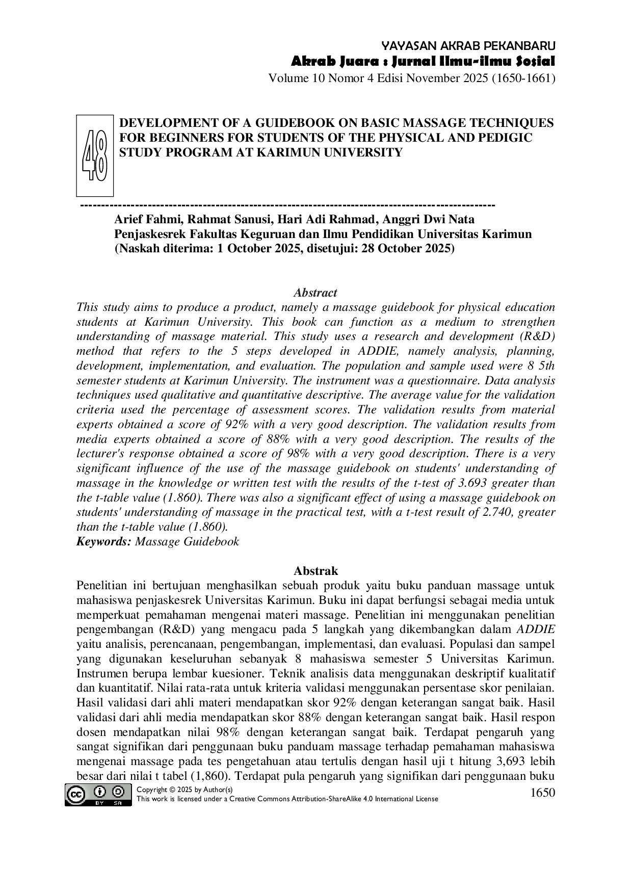 JURIS Development of a Guidebook on Basic Massage Techniques for Beginners for Students of the Physical and Pedigic Study Program at Karimun University