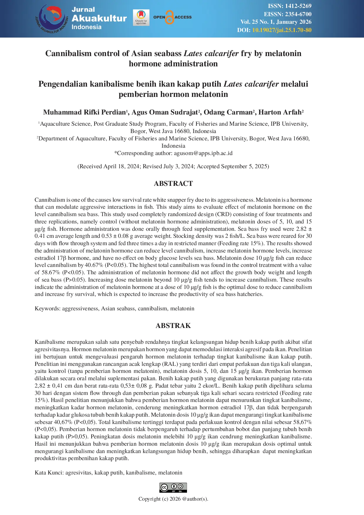 JURIS Cannibalism control of Asian seabass Lates calcarifer fry by melatonin hormone administration