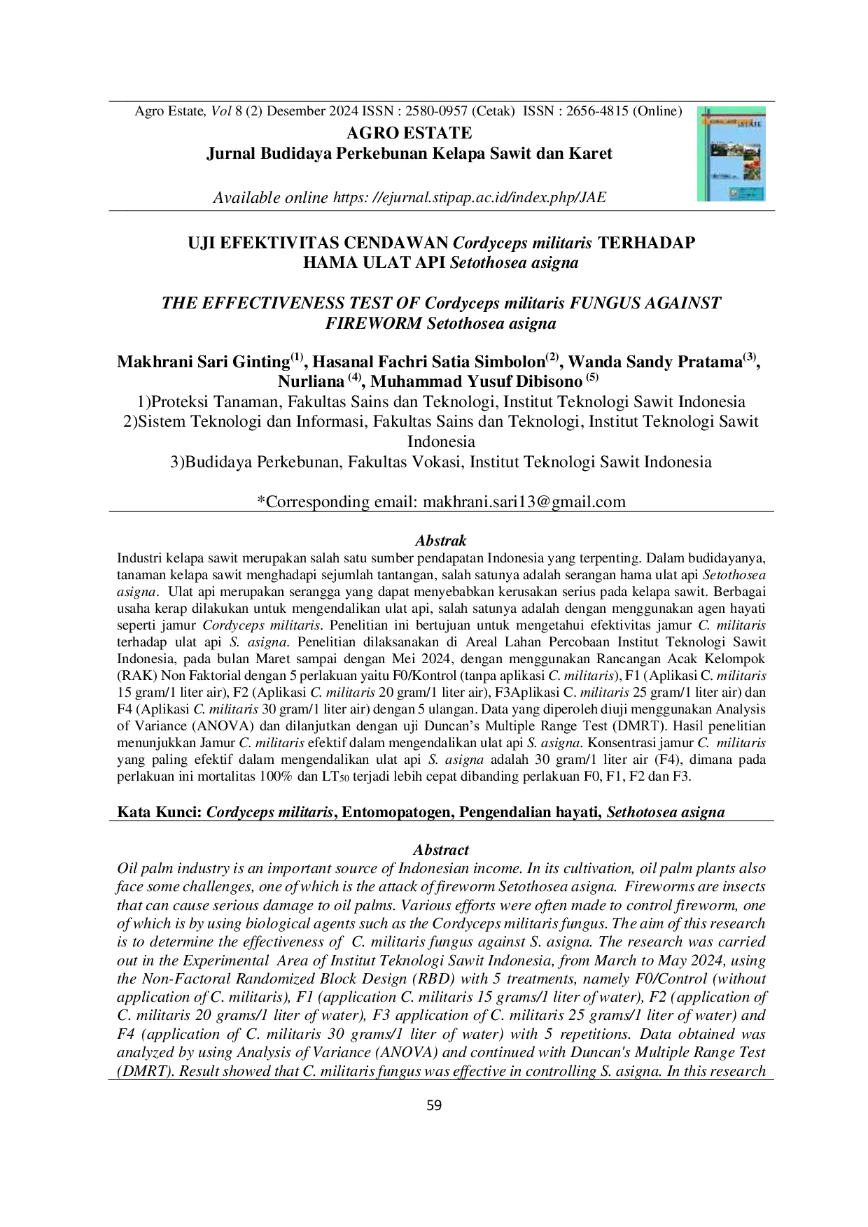 JURIS The EFFECTIVENESS TEST OF Cordyceps militaris FUNGUS AGAINST FIREWORM Setothosea asigna