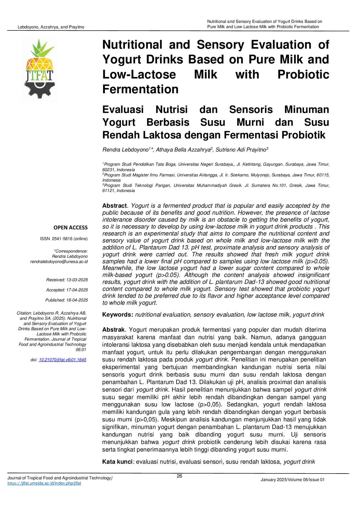 JURIS Nutritional And Sensory Evaluation Of Yogurt Drinks Based On Pure Milk And Low Lactose Milk With Probiotic Fermentation