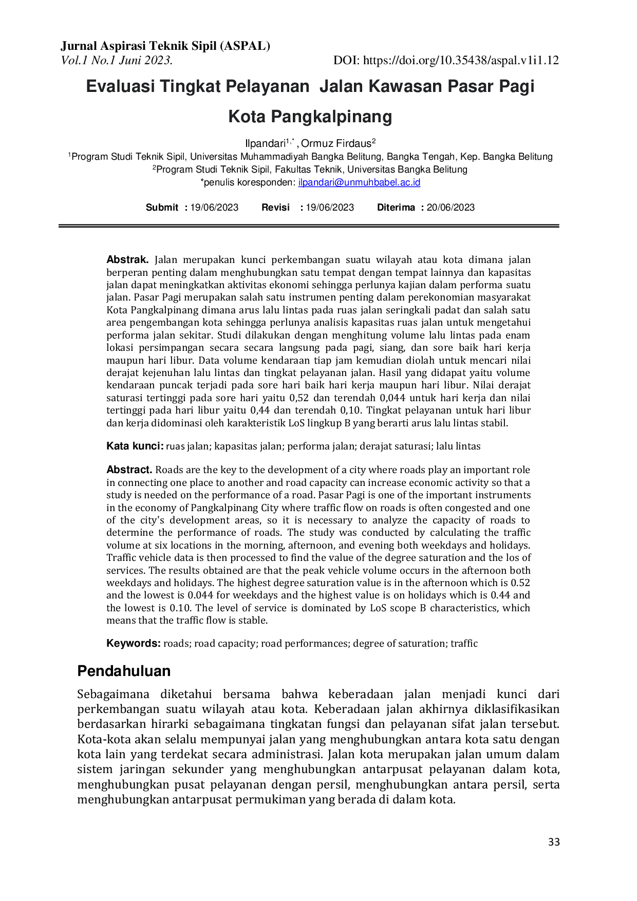 JURIS Evaluasi Tingkat Pelayanan Jalan Kawasan Pasar Pagi Kota Pangkalpinang