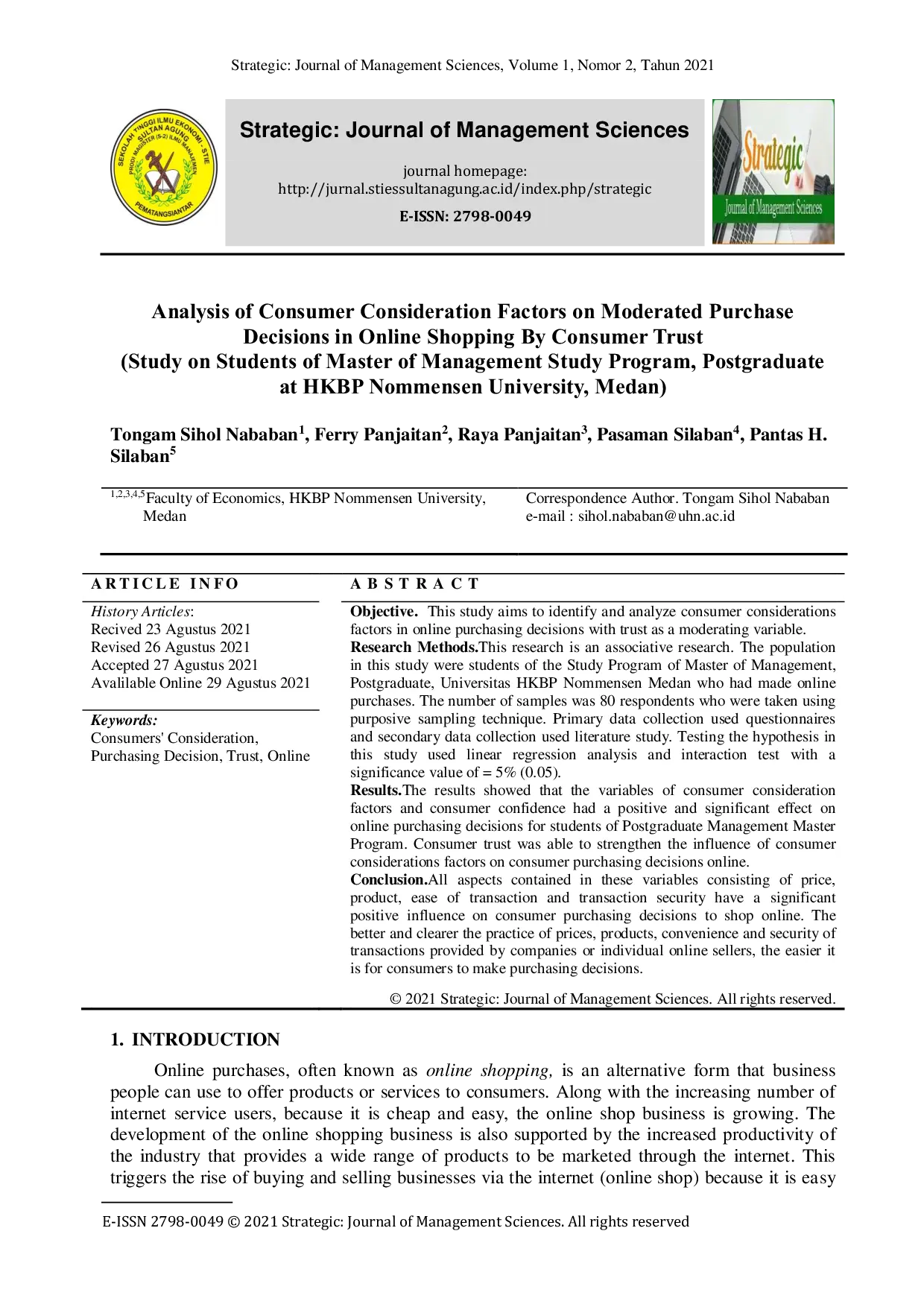 JURIS Analysis of Consumer Consideration Factors on Moderated Purchase Decisions in Online Shopping By Consumer Trust Study on Students of Master of Management Study Program Postgraduate at HKBP Nommense