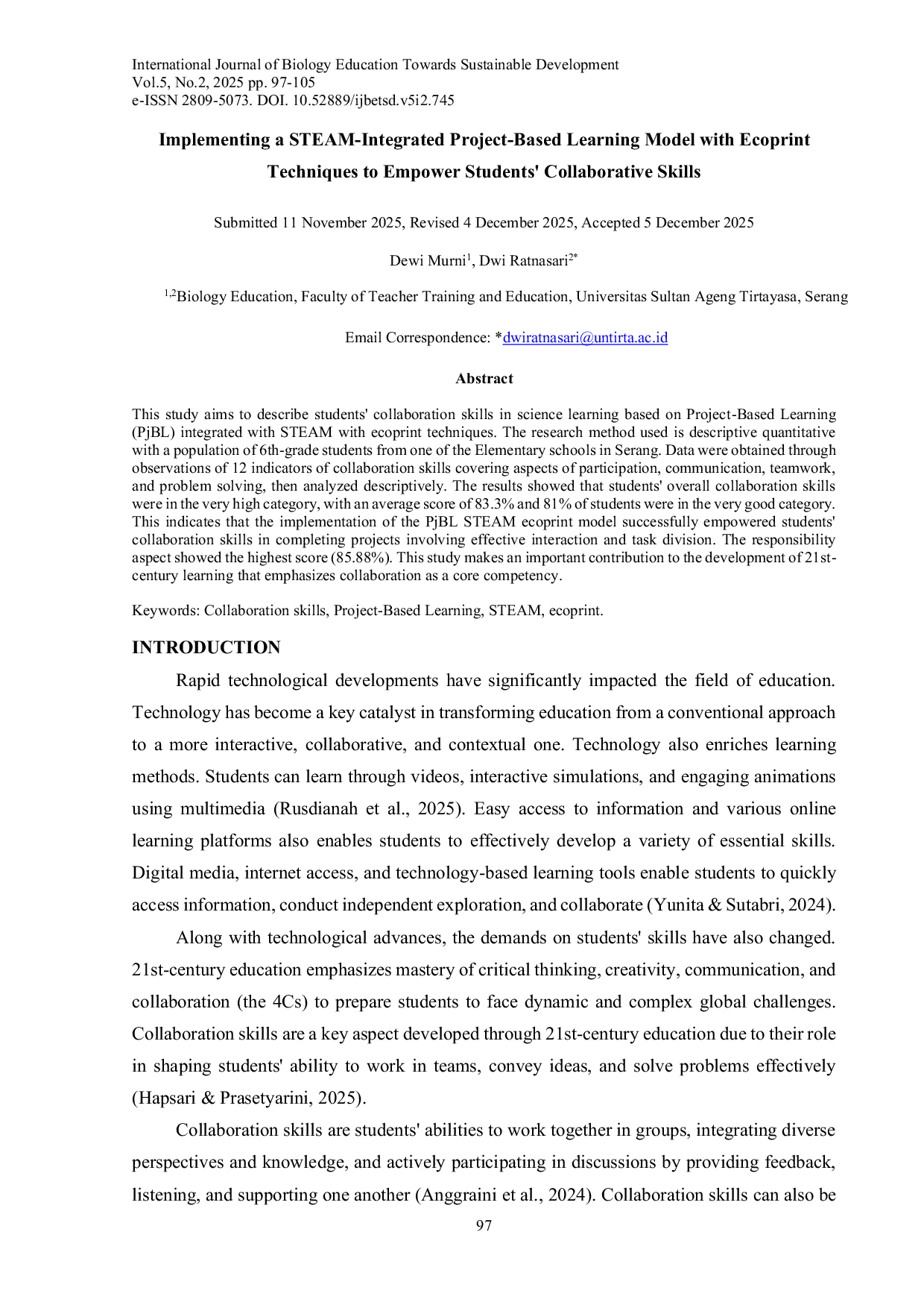 JURIS Implementation of STEAM Integrated Project Based Learning Model with Ecoprint Techniques to Empower Students Collaborative Skills