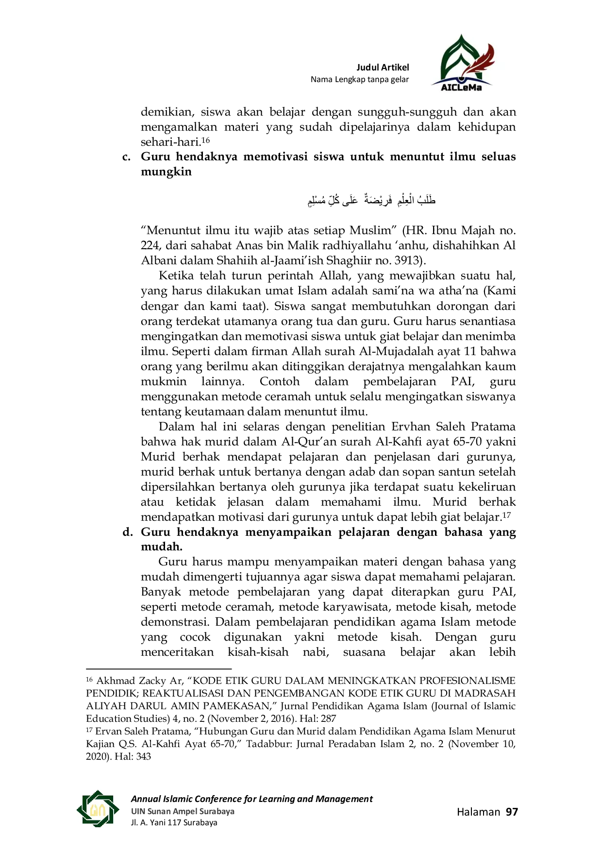 JURIS Manifestasi Kode Etik Guru Pai Dalam Pembelajaran Pendidikan Agama Islam