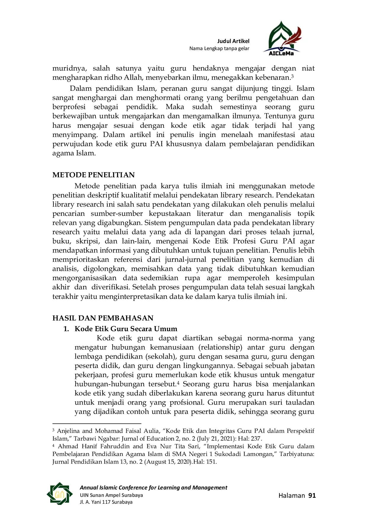 JURIS Manifestasi Kode Etik Guru Pai Dalam Pembelajaran Pendidikan Agama Islam