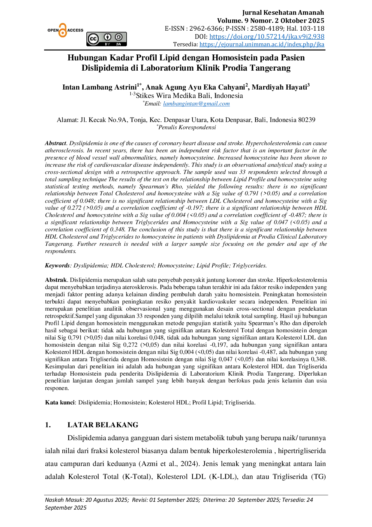 JURIS Hubungan Kadar Profil Lipid dengan Homosistein pada Pasien Dislipidemia di Laboratorium Klinik Prodia Tangerang