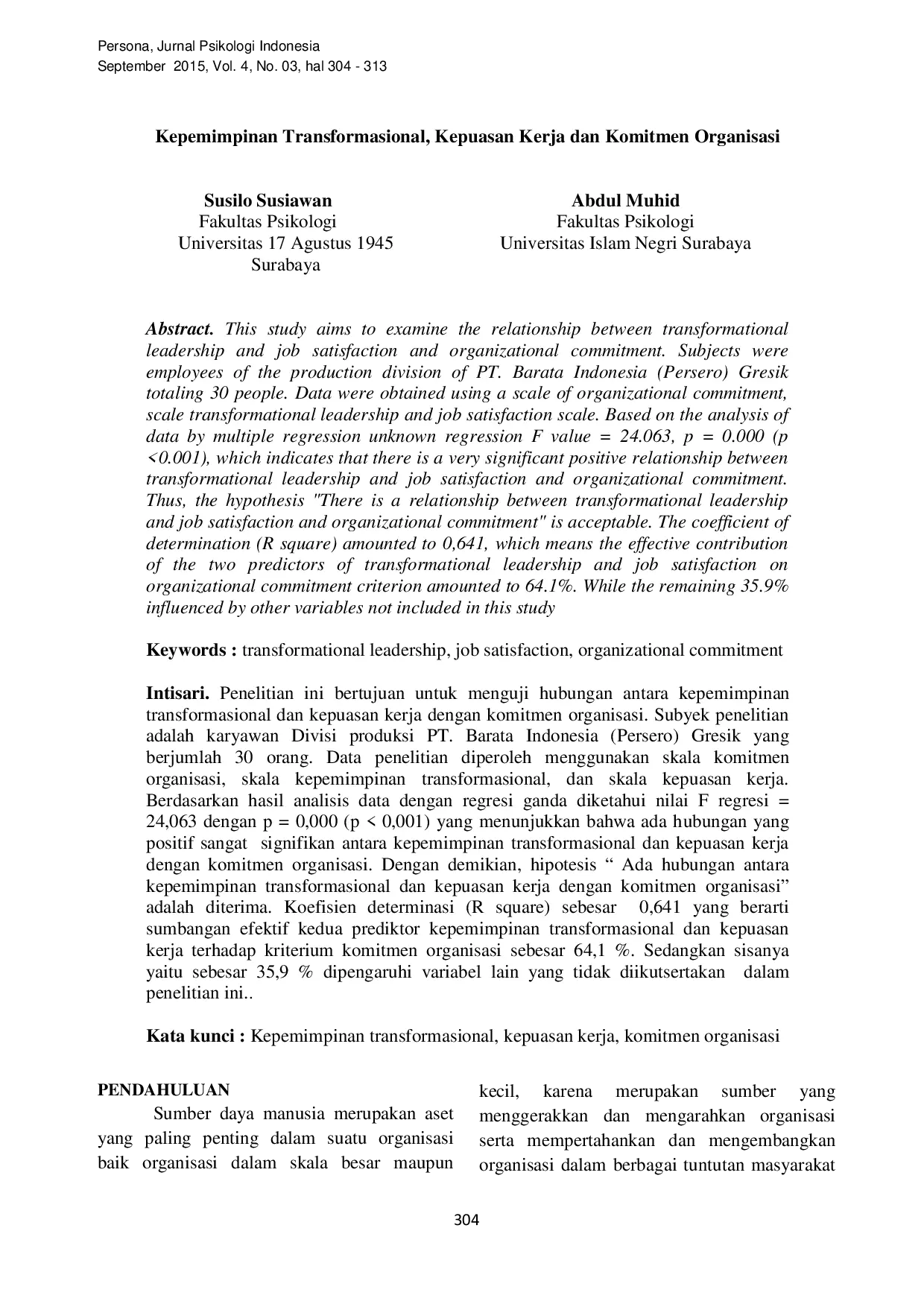 JURIS Kepemimpinan Transformasional Kepuasan Kerja dan Komitmen Organisasi