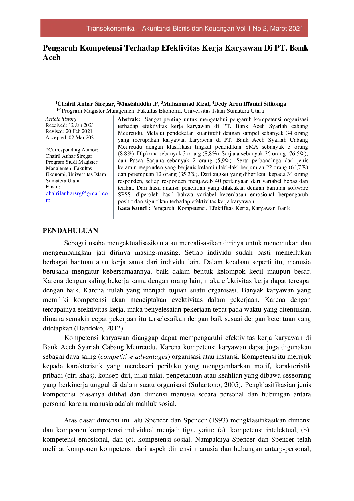 JURIS Pengaruh Kompetensi Terhadap Efektivitas Kerja Karyawan Di PT Bank Aceh