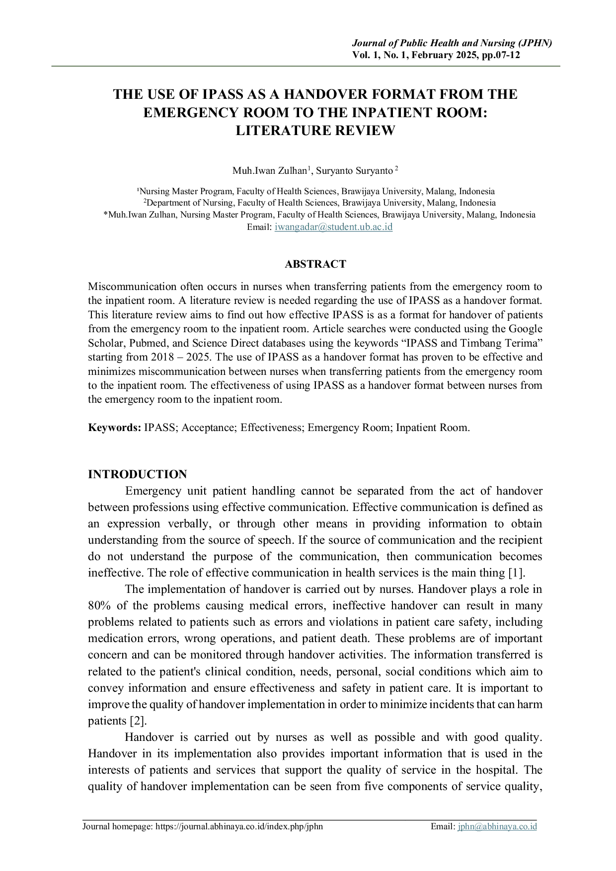 JURIS The Use of IPASS As a Handover Format From The Emergency Room To The Inpatient Room Literature Review