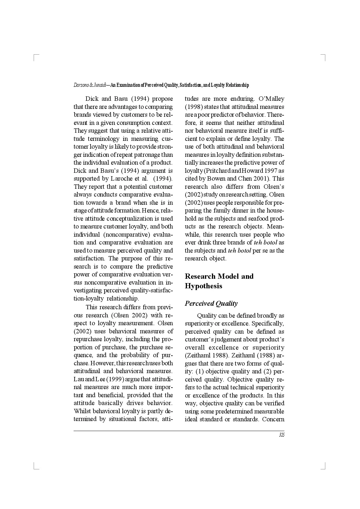 juris An Examination of Perceived Quality Satisfaction and Loyalty Relationship Applicability of Comparative and Noncomparative Evaluation