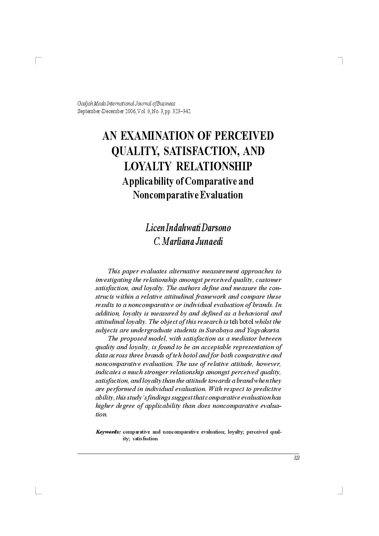 juris An Examination of Perceived Quality Satisfaction and Loyalty Relationship Applicability of Comparative and Noncomparative Evaluation