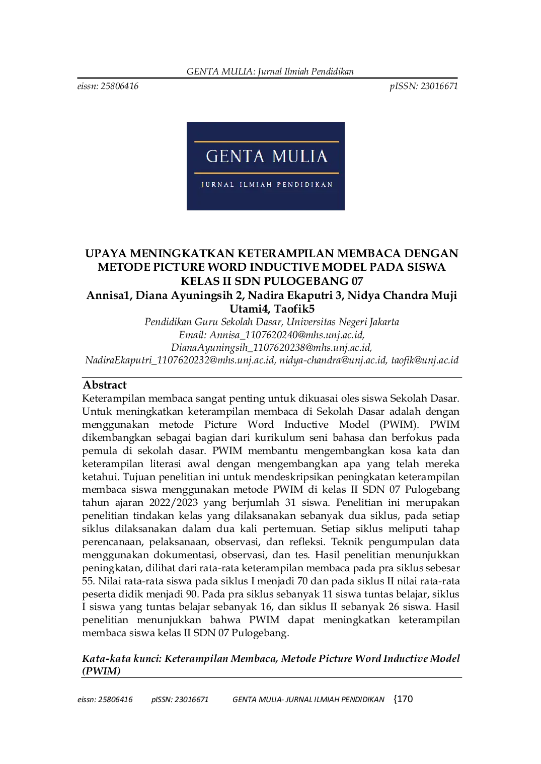 JURIS Upaya Meningkatkan Keterampilan Membaca Dengan Metode Picture Word Inductive Model Pada Siswa Kelas Ii Sdn Pulogebang 07