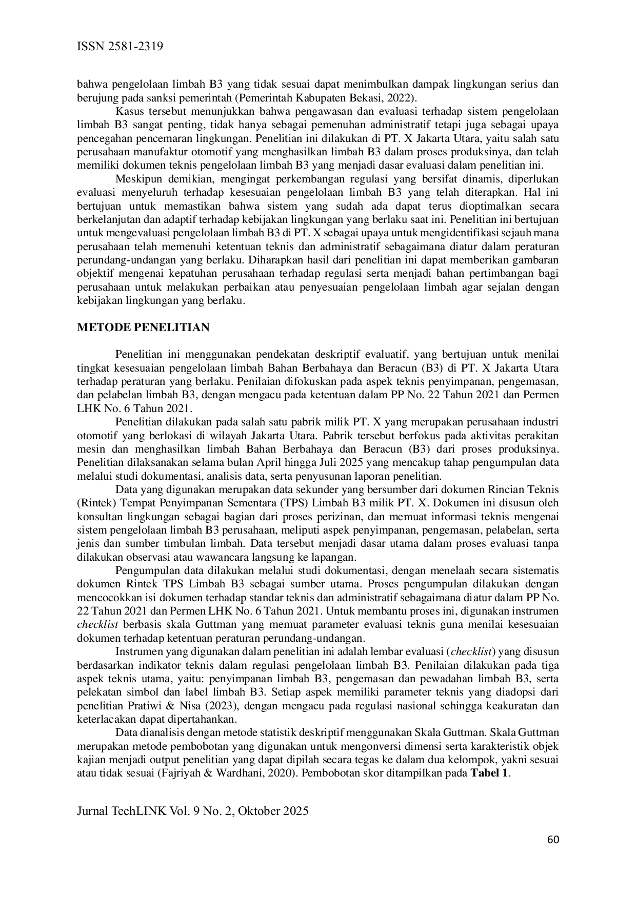JURIS Evaluasi Pengelolaan Limbah Bahan Berbahaya Dan Beracun B3 Di Pt X Jakarta Utara