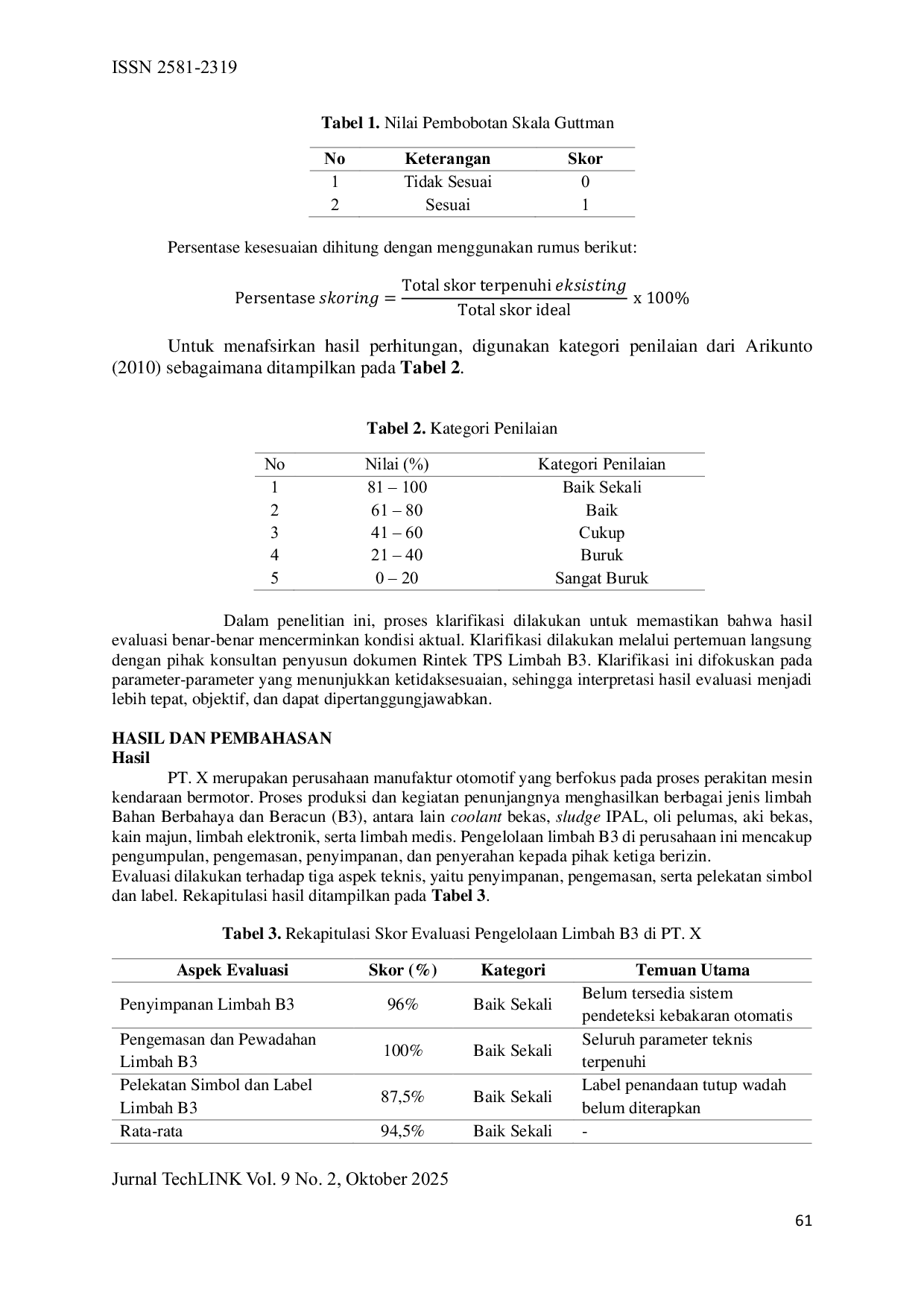 JURIS Evaluasi Pengelolaan Limbah Bahan Berbahaya Dan Beracun B3 Di Pt X Jakarta Utara