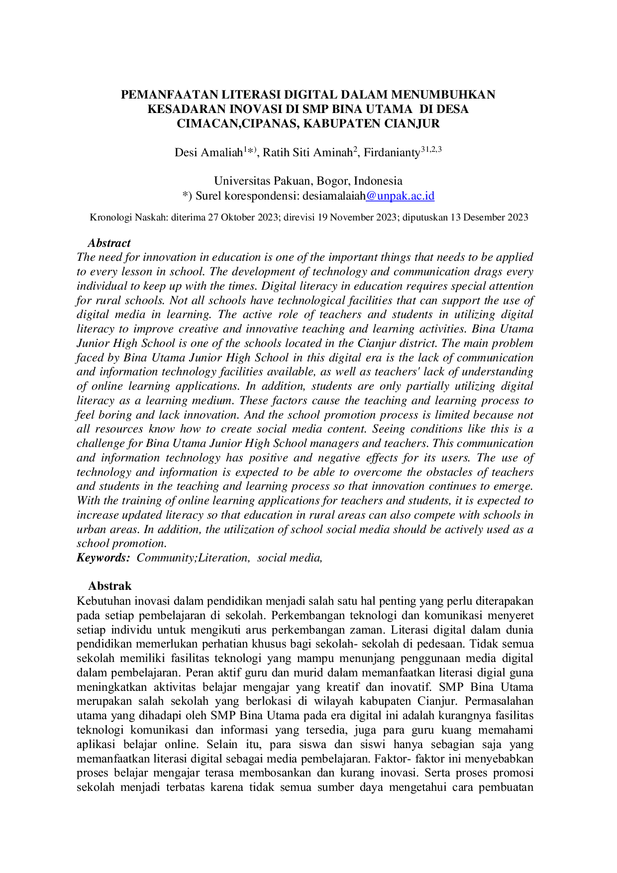 JURIS Pemanfaatan Literasi Digital Dalam Menumbuhkan Kesadaran Inovasi Di SMP Bina Utama Di Desa Cimacan Cipanas Kabupaten Cianjur