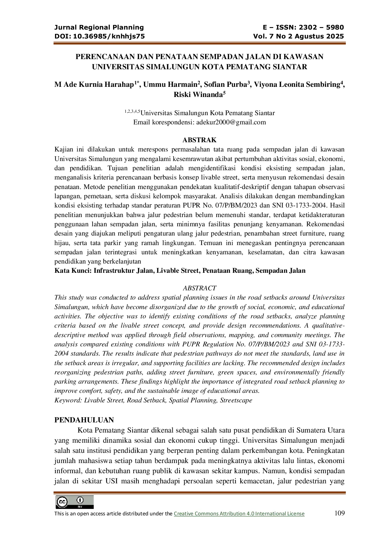 JURIS Perencanaan Dan Penataan Sempadan Jalan Di Kawasan Universitas Simalungun Kota Pematang Siantar