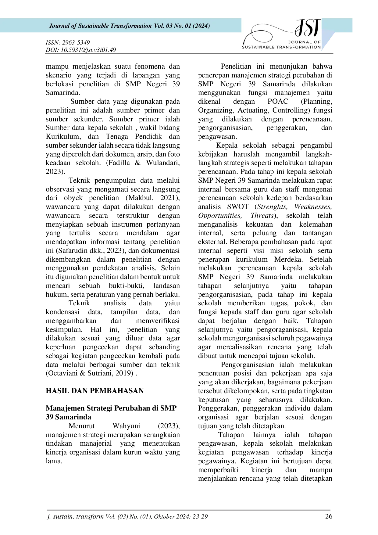 juris Manajemen Strategi Perubahan di SMP Negeri 39 Samarinda