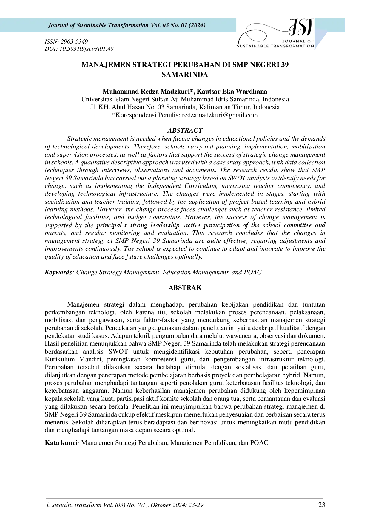 juris Manajemen Strategi Perubahan di SMP Negeri 39 Samarinda