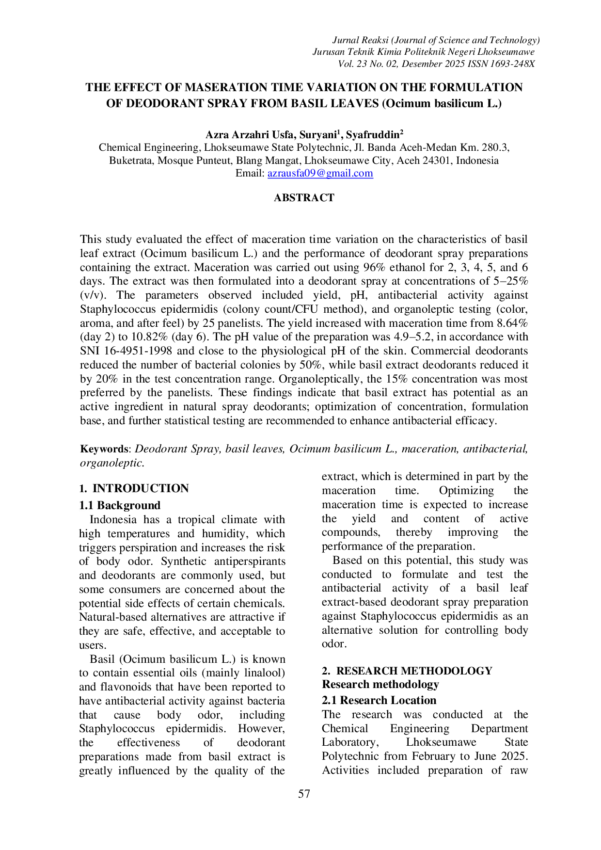 JURIS THE EFFECT OF MASERATION TIME VARIATION ON THE FORMULATION OF DEODORANT SPRAY FROM BASIL LEAVES Ocimum basilicum L