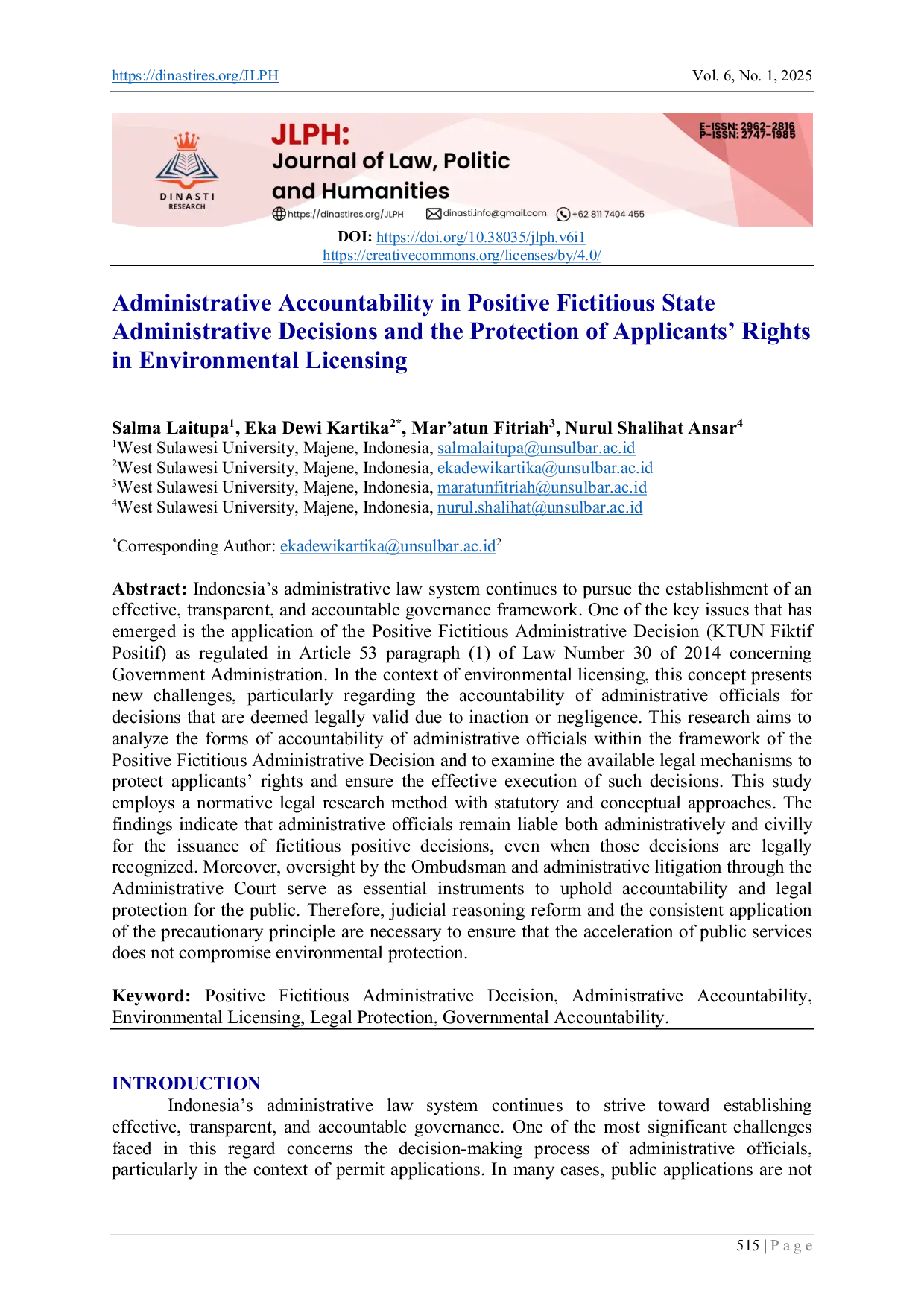 JURIS Administrative Accountability in Positive Fictitious State Administrative Decisions and the Protection of Applicants Rights in Environmental Licensing