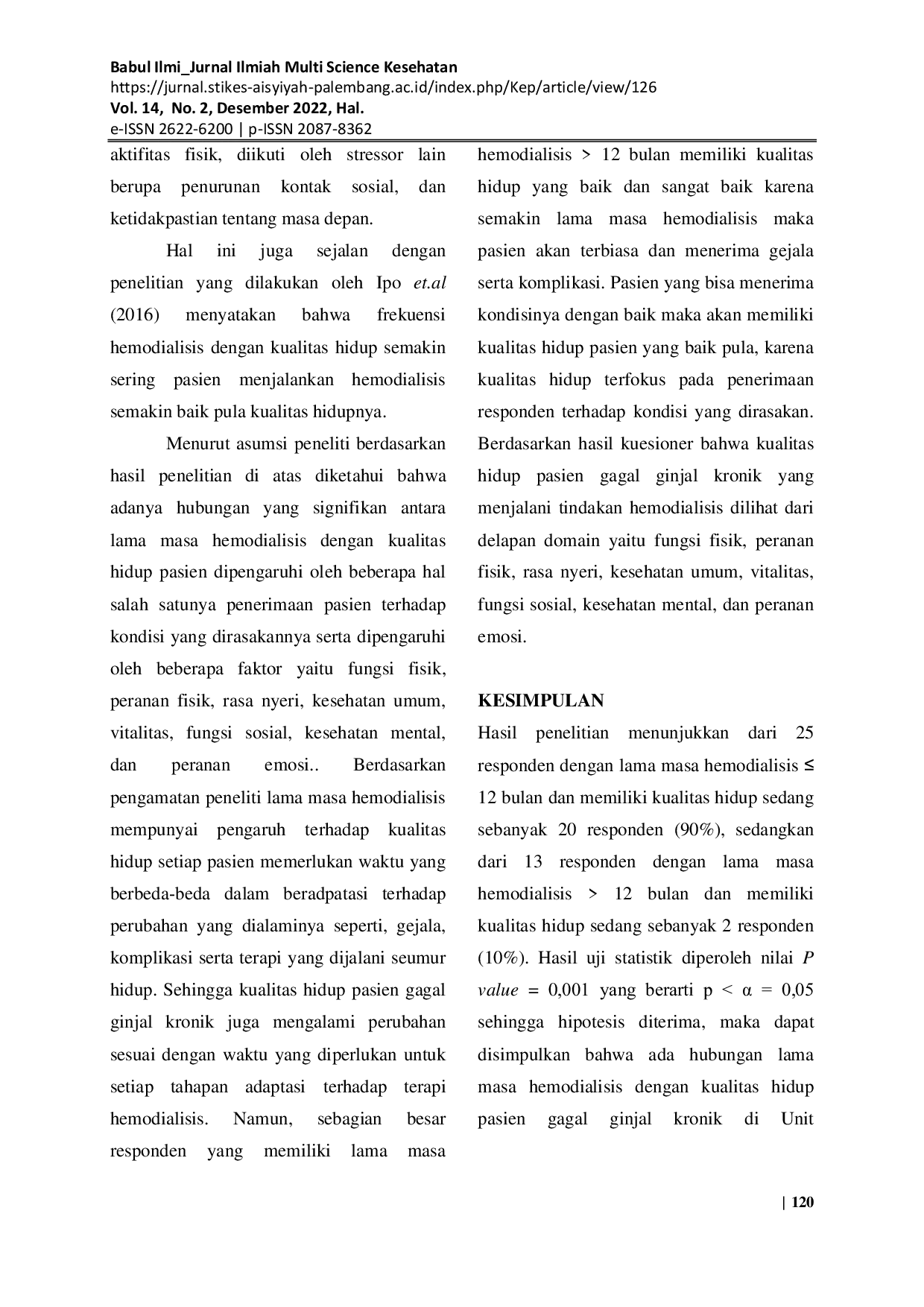 JURIS Hubungan Lama Masa Hemodialisis Dengan Kualitas Hidup Pasien Gagal Ginjal Kronik