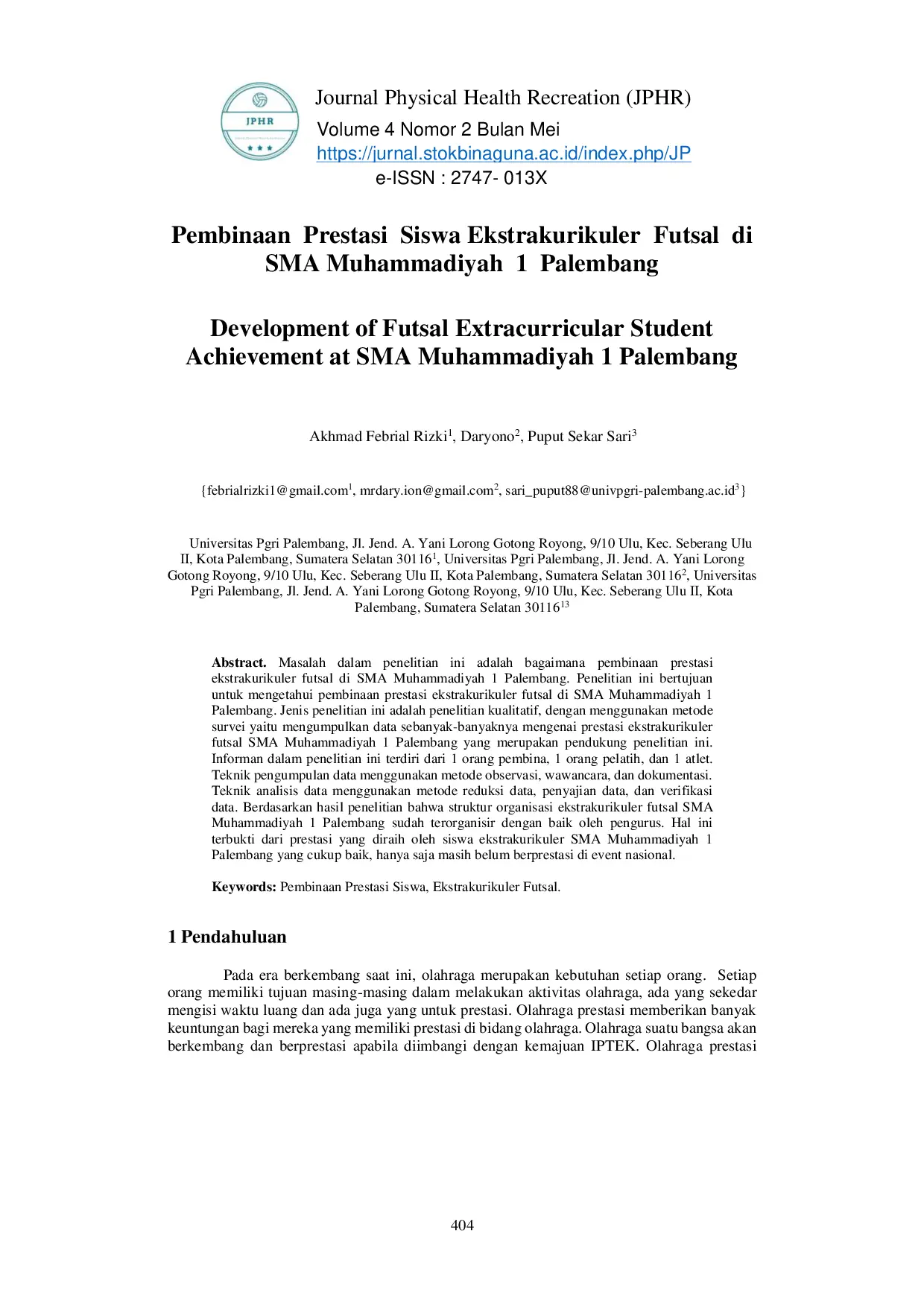 JURIS Pembinaan Prestasi Siswa Ekstrakurikuler Futsal di SMA Muhammadiyah 1 Palembang