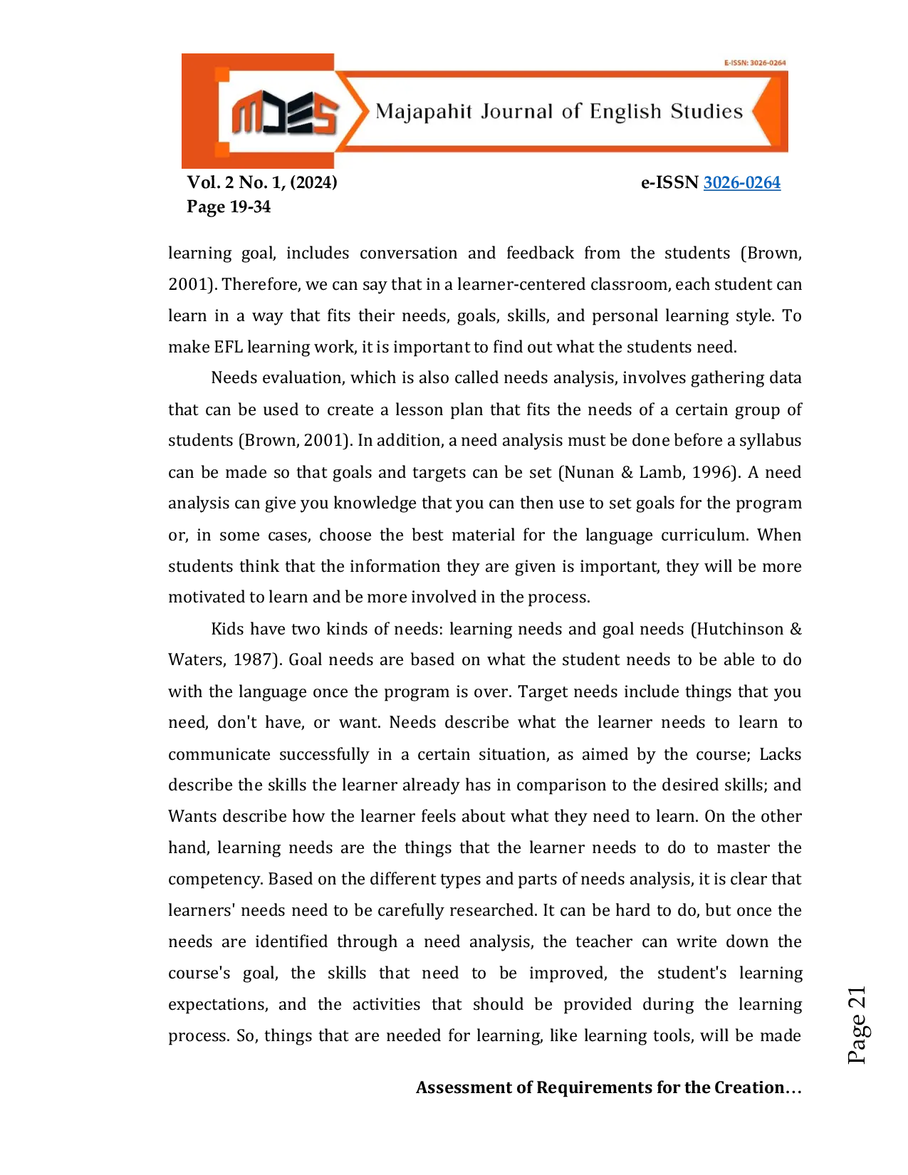 JURIS Assessment of Requirements for the Creation of Course Materials for English as a Second Language for Students Majoring in Subjects Other Than English