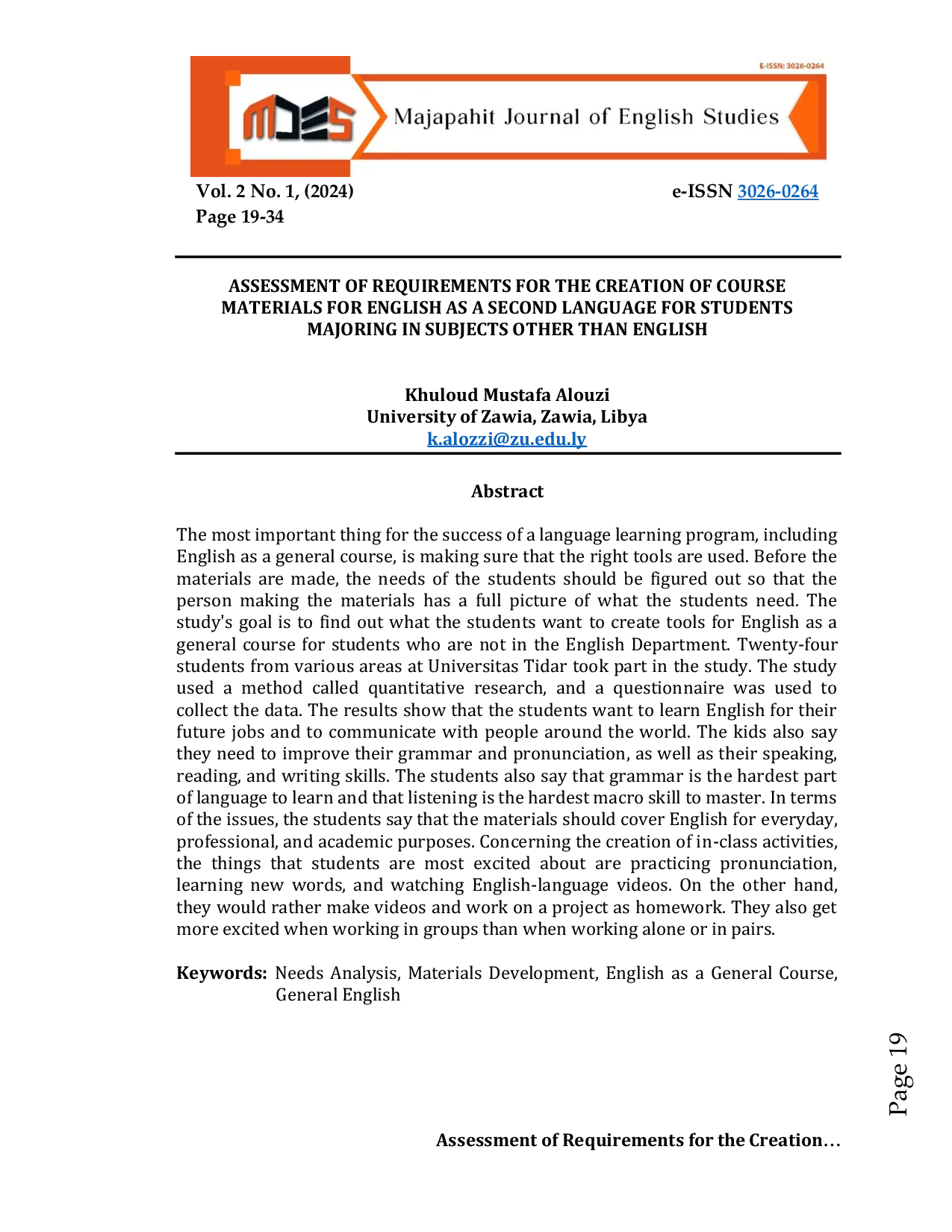 JURIS Assessment of Requirements for the Creation of Course Materials for English as a Second Language for Students Majoring in Subjects Other Than English